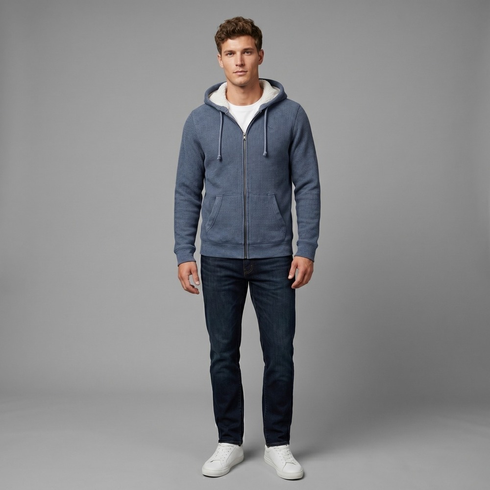 Abercrombie & Fitch Mens Small Blue Hoodie Full Zip Sherpa Lined Waffle Knit